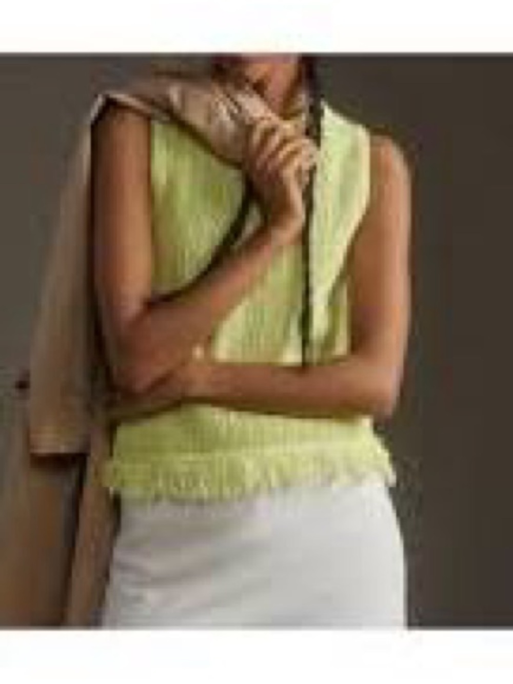 Anthropologie Flat White Lime Green Sleeveless Fringe-Hem Knit Tank